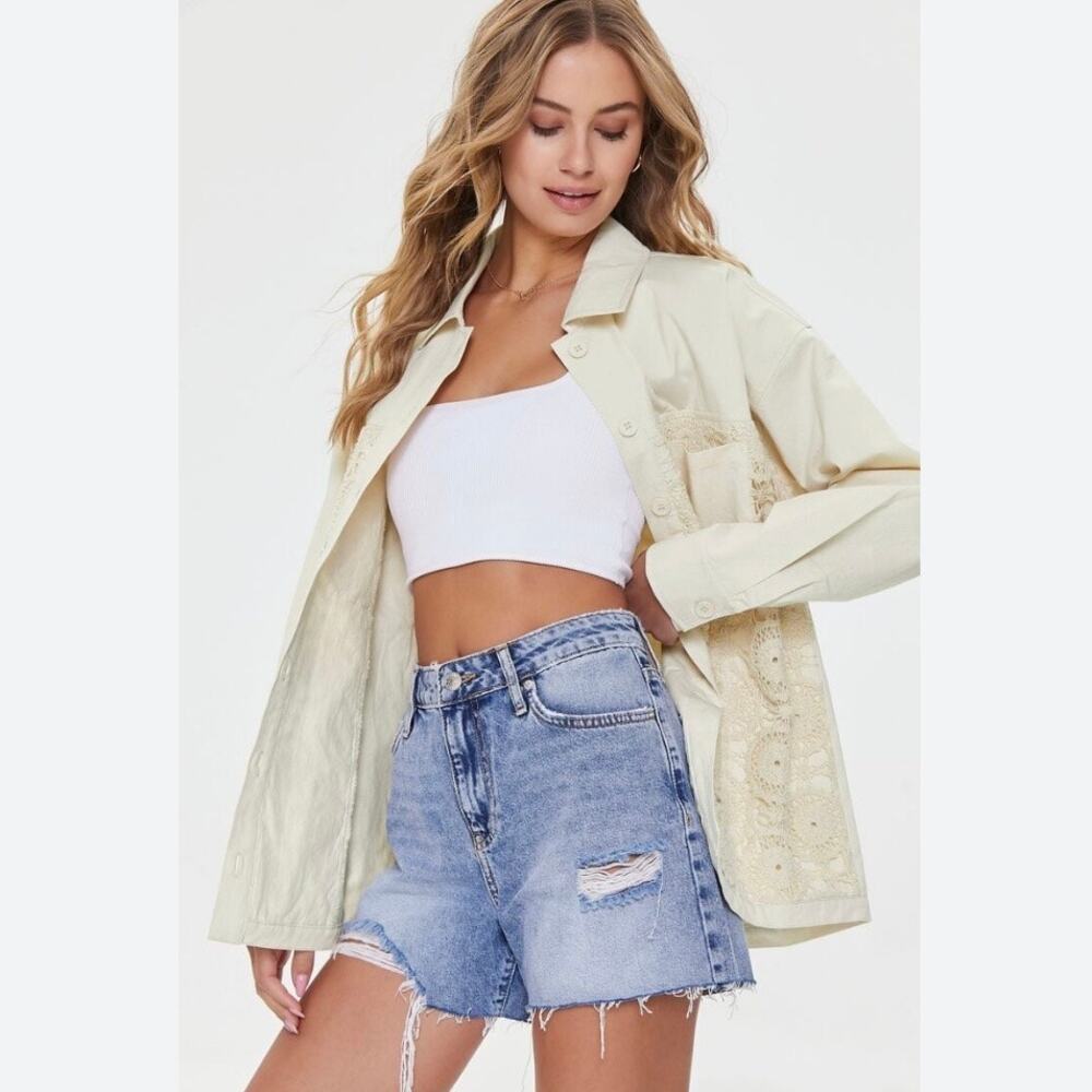 Forever 21 Cream Twill Crochet Lace Jacket / Shacket Size M Boho Chic Casual